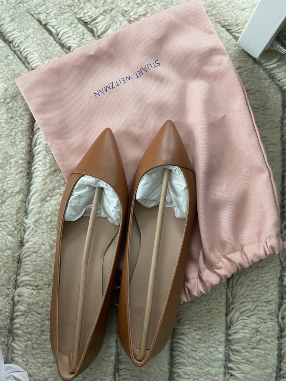 Stuart Weitzman Cognac Pointed-Toe Leather Flats